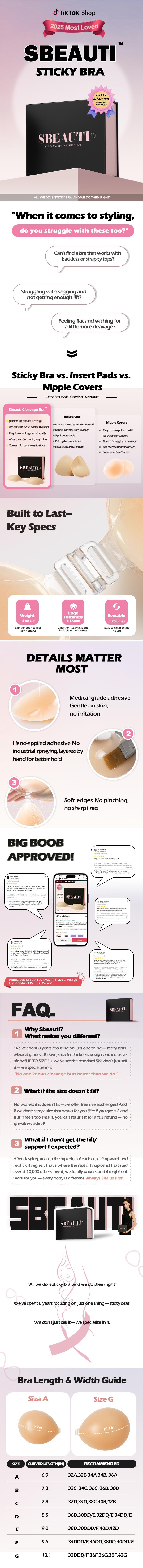 SBEAUTI #1 Sticky Bra, Valentine’s Day Gift for Her, Adhesive Push Up Cleavage Bra, Up to G Cup, Seamless Strapless Bra for Date Night, Backless & Red Dress, Waterproof & Reusable