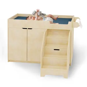 3-in-1 Montessori Changing Table with Stairs & Storage | 100% Solid Birch Plywood Baby Diaper Station | for Nursery, Daycare, Home & Preschool Furniture
