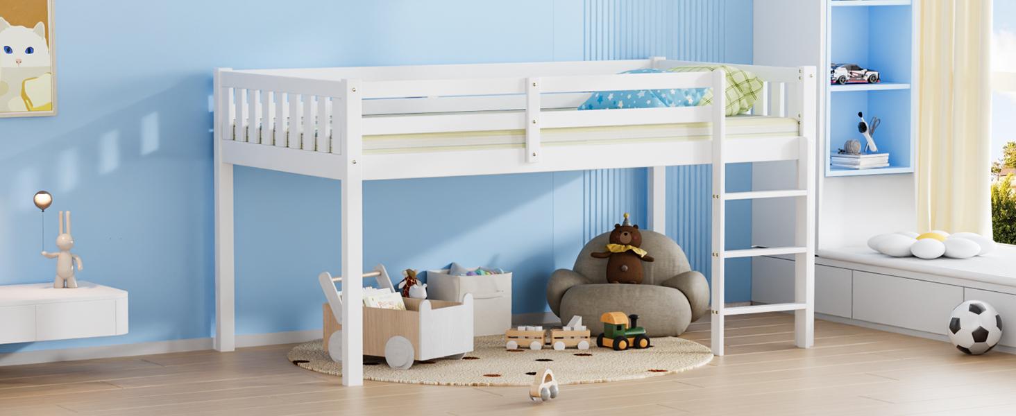 JOYMOR Twin Loft Bed Low Loft Bed Frame for Little Kids Small Room/Low Ceiling Bedrrom with Guardrail and Ladder, White