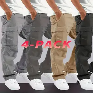[Heavy-Duty Cargo Pants] 4pcs Men's Heavy-Duty Loose-Fit Pants | Elastic Drawstring Waist, Multiple Utility Pockets - Machine Washable Non-Stretch Fabric for Outdoor, Construction, Travel Available in Gray/Beige/Black Teens Casual