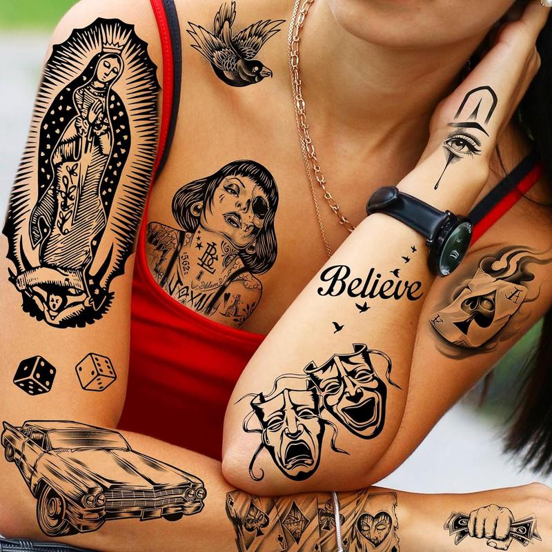6 Sheets Large Chicano Temporary Tattoos For Men Women Adult, Chicana Guadalupe Gangster Fake Tattoos Prisoner Day of the Dead, Mexico Tattoo Stickers, Tatuajes Temporales Autocolante sticker tattoo sleeve rising sun tattoo