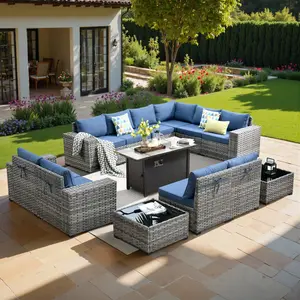 OVIOS 13-Piece Outdoor Patio Furniture Set with 42" Fire Pit Table, Wicker Sectional Sofa with Wide Armrests, Conversation Set with Cushions for Backyard Patio Porch Deck Garden Balcony OutdoorSeating