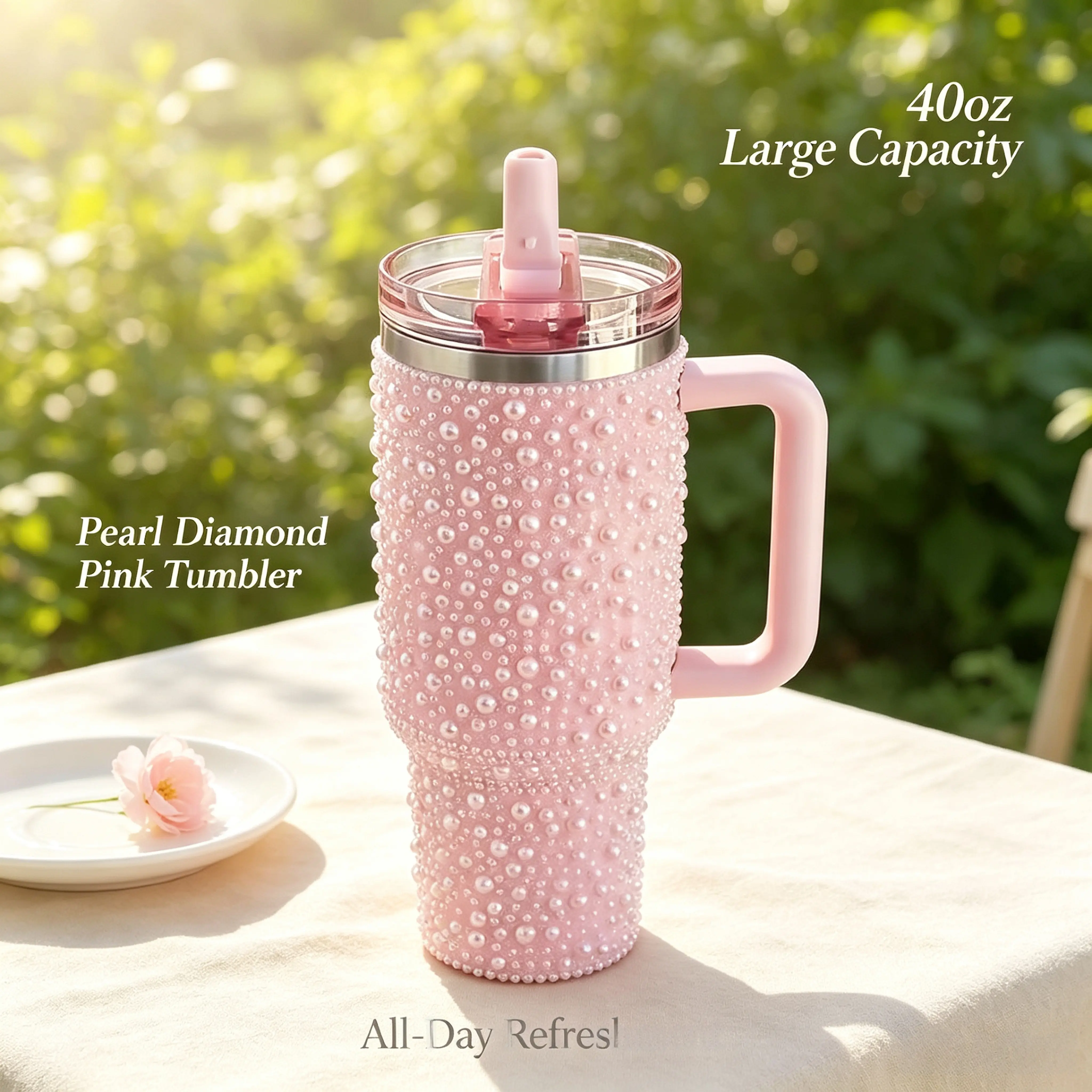 Women's 40oz Pearl Look Rhinestone Double-Wall Insulated Tumbler - Cold Beverage Tumbler, Insulated Cups, Leakproof Vacuum Stainless Steel Travel Mug with Handle, Lid, Straw, Portable Hot Cold Drinkware, Birthday Gift for Her