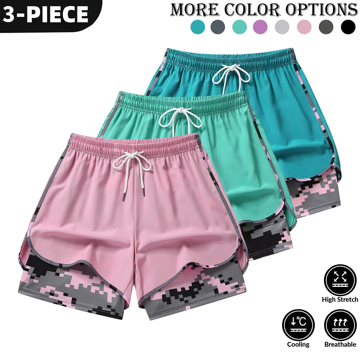 Women’s summer casual athletic shorts featuring a two-piece layered design with camouflage print, suitable for running and everyday workouts Women’s summer casual athletic shorts featuring a two-piece layered design with camouflage print, suitable for running and everyday workouts