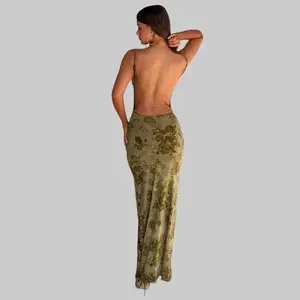 Women's Olive Green Mesh Floral Jacquard Mermaid Maxi Dress with Chain Straps 2026 Spring Summer New Sexy Elegant Open Back Bodycon Slim Fit Evening Party Club Gown Long Dresses summerwins