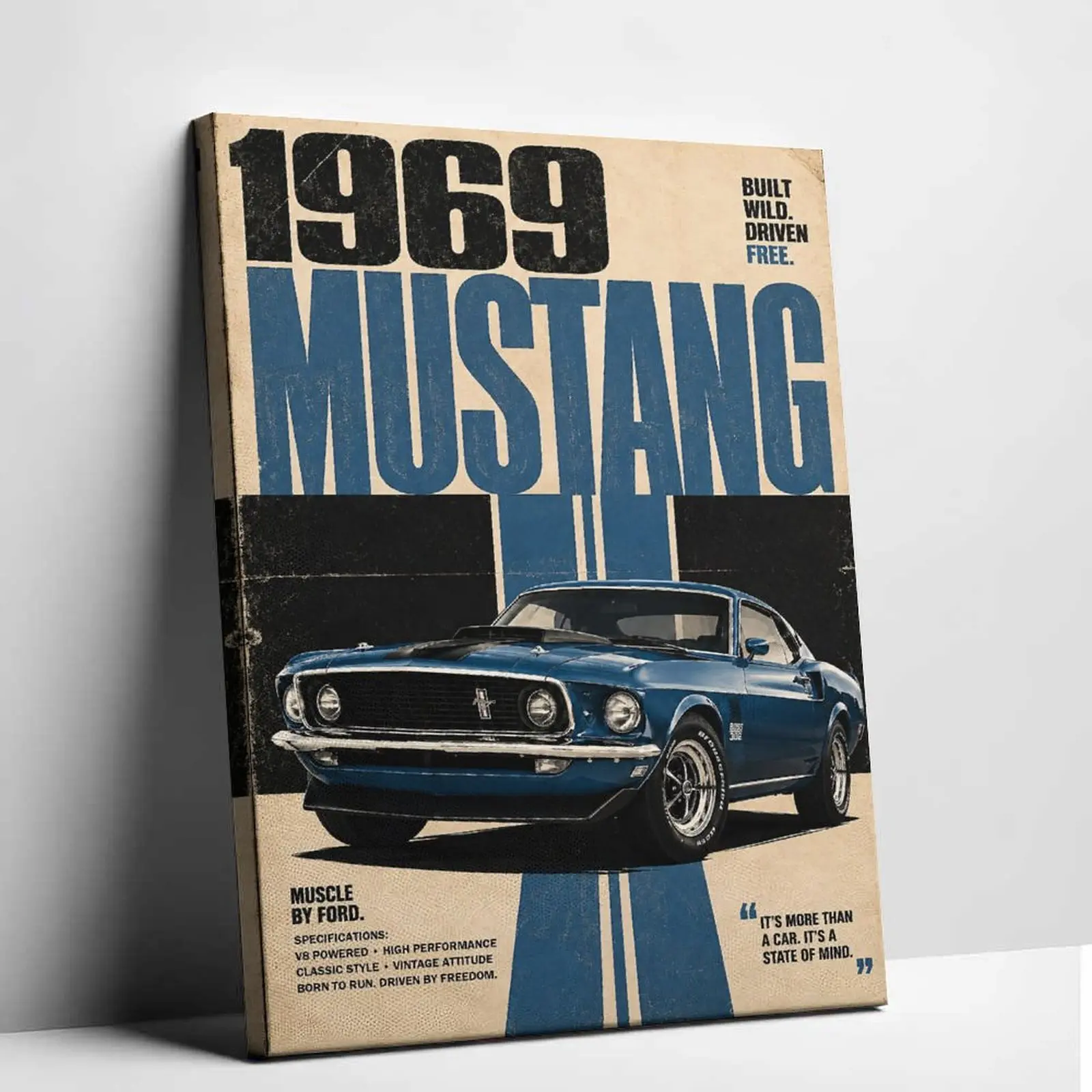 1969 Mustang Canvas Wall Art Vintage Muscle Car Poster Classic Blue Auto Painting Print Retro Vehicle Garage Decor Aesthetic Room Wall Art Picture Artwork Cool Man Cave Wall Decoration