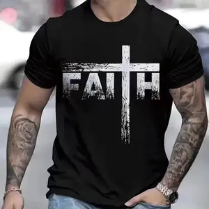 Men’s faith graphic print T-shirt, casual short sleeve, single pack, 100% pure cotton, comfortable crew neck, soft and cute men’s all-season casual fashion T-shirt, crew-neck short-sleeve pure cotton T-shirt, street-style premium T-shirt