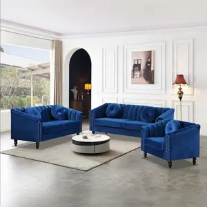 Chesterfield Sofa Set, Luxurious Velvet Chesterfield Settee Couch Set with Sofa Loveseat Chair,Upholstered Rolled Arm with Rivets/5 Button Tufted Pillow Modern Sofa Living Room Set(3PCS Set)
