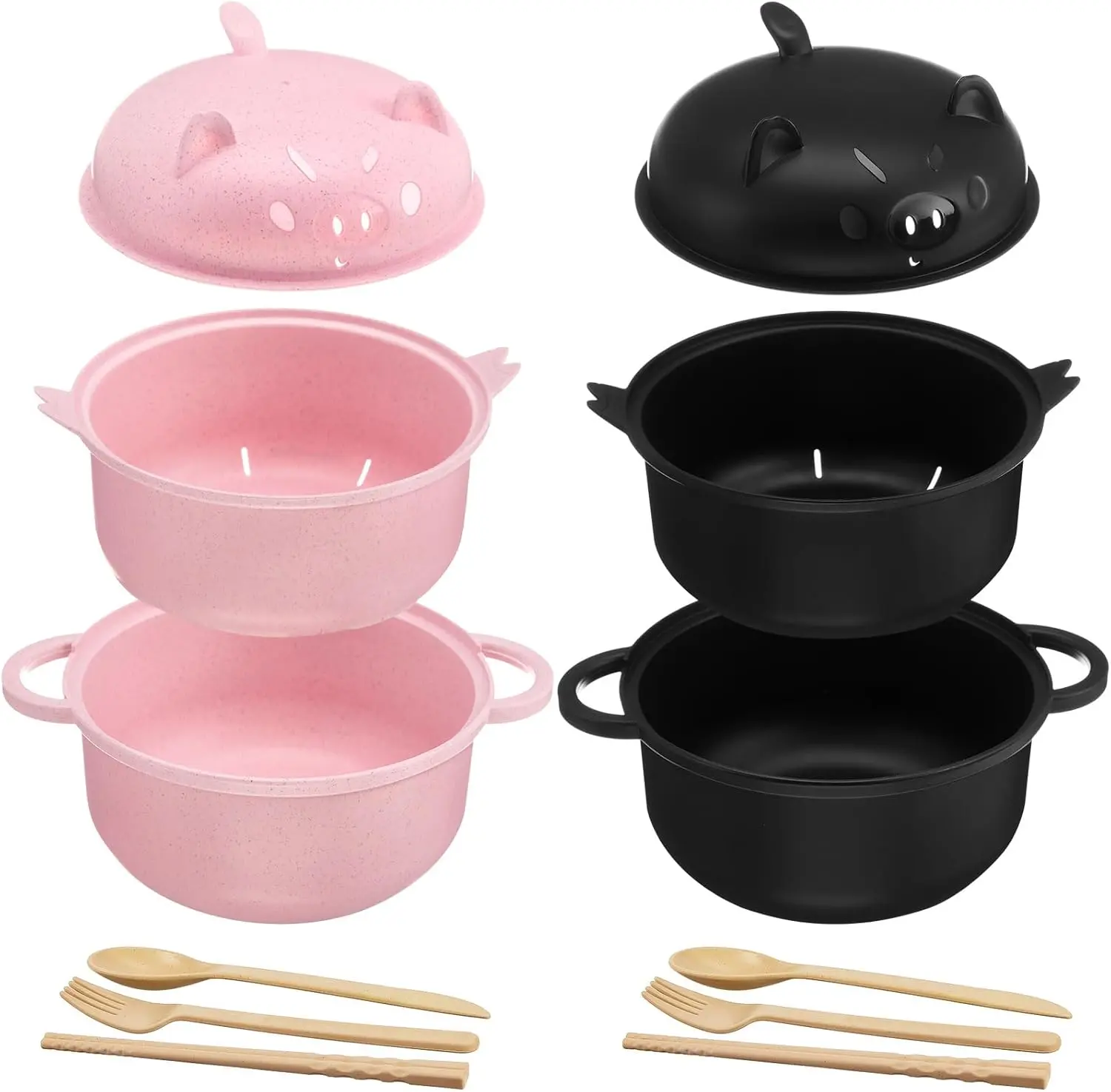 45oz Large Cute Ramen Bowl Set - Wheat-Made Handle Bowls with Filter Covers, Utensils (Spoons, Forks, Knives) - Microwave-Safe for Ramen Eating - Suitable for Families, Universities, Serving, Round Bowl