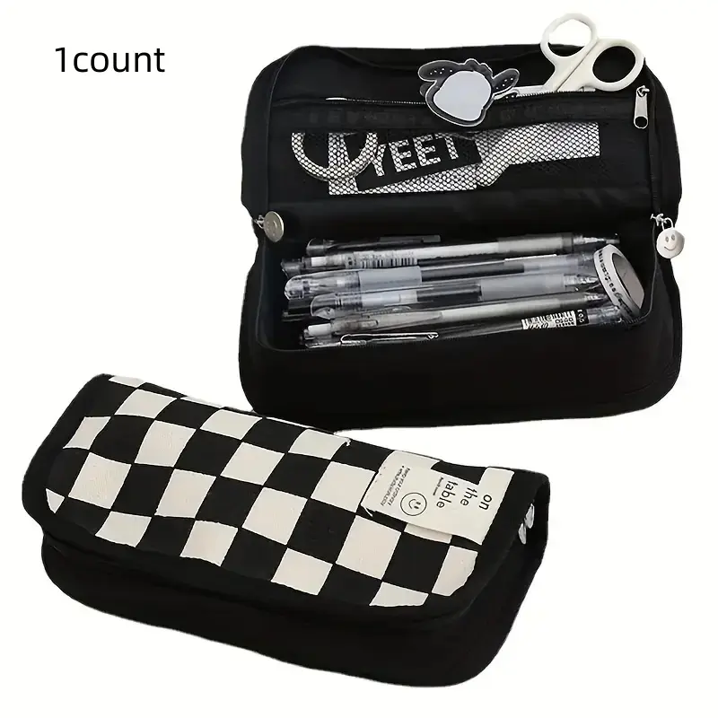 Large Capacity Pencil Box, Chessboard Design Canvas Multi-Functional Pencil Bag, Office Stationery Supplies, Desk Supplies, Classroom Supplies, Back-To-School Gift, Holiday Gift Idea