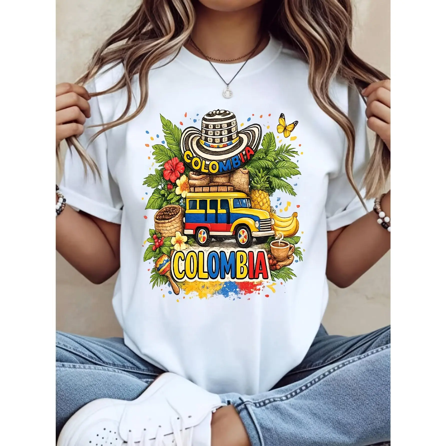 Casual Graphic, Women's T-Shirt, Colombia Travel Culture Design, Summer Vacation Wear, Gift For Travelers And Colombia Lovers