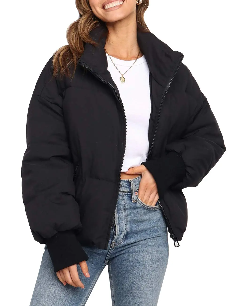 Arssm Women’s Cropped Quilted Jacket – Lightweight Zip-Up Winter Coat for Cozy Streetwear & Casual Cold Weather Outfits