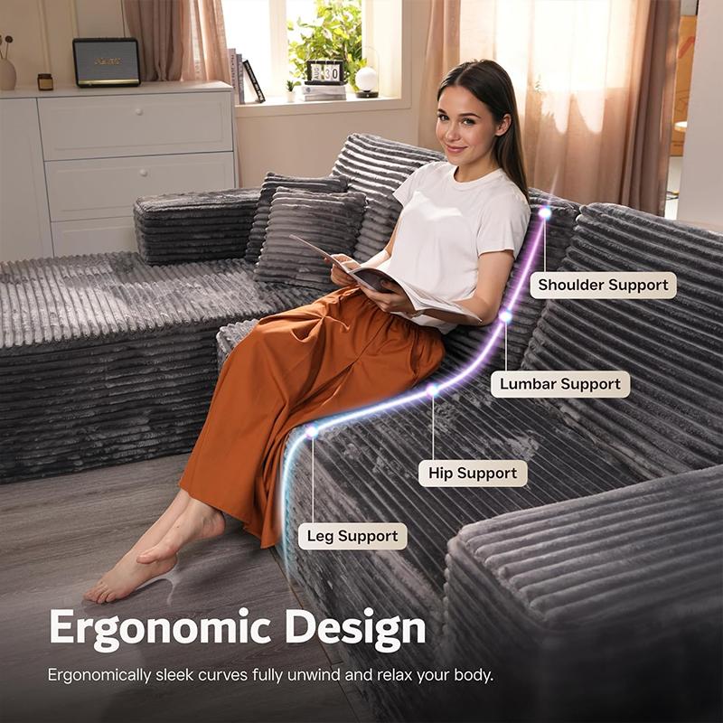 【2 Packages Shipping】105.7" L-Shaped Boneless Sectional Cloud Couch Corduroy Velvet Modular with Chaise No Assembly Required Sofa Living room furniture，Modular Corduroy Cloud Sofa