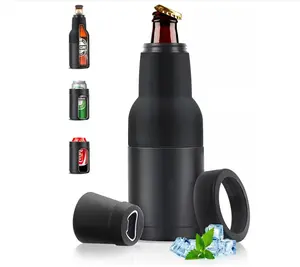 Beer Gifts for Men, Beer Bottle and Can Cooler with Beer Opener, 12 oz. Slim Can Beer Bottle Insulators Holder, Vacuum Insulated Double Walled Stainless Steel(Matte Black)