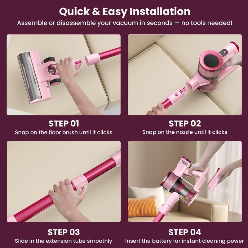 [FebFaves]S2 Cordless Vacuum, 50KPA Strong Suction & 55-Min Runtime, Anti-Tangle Rechargeable Stick Vacuum with Green LED for Easy Daily Cleaning , Lightweight 2-in-1 Handheld with Self-Standing Design for Floors, Carpets, Sofa, Tiles, Cars