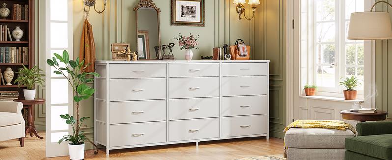 Raybee 55" Long Dresser for Bedroom with 12/13 Fabric Drawers, Wide Storage Dresser & Chest of Drawers, Entertainment Center for 60 Inch TV, Metal Frame Wood Top Organizer for Living Room & Apartment, Modern Home Décor Furniture, Cozy Christmas Gift Idea