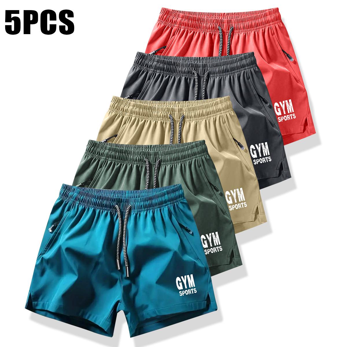 Men's Drawstring Pocket Shorts, Men's Clothing, Athletic Casual Stretch Waist Pocket Shorts, Breathable Everyday Wear Workout Pants Set of 5