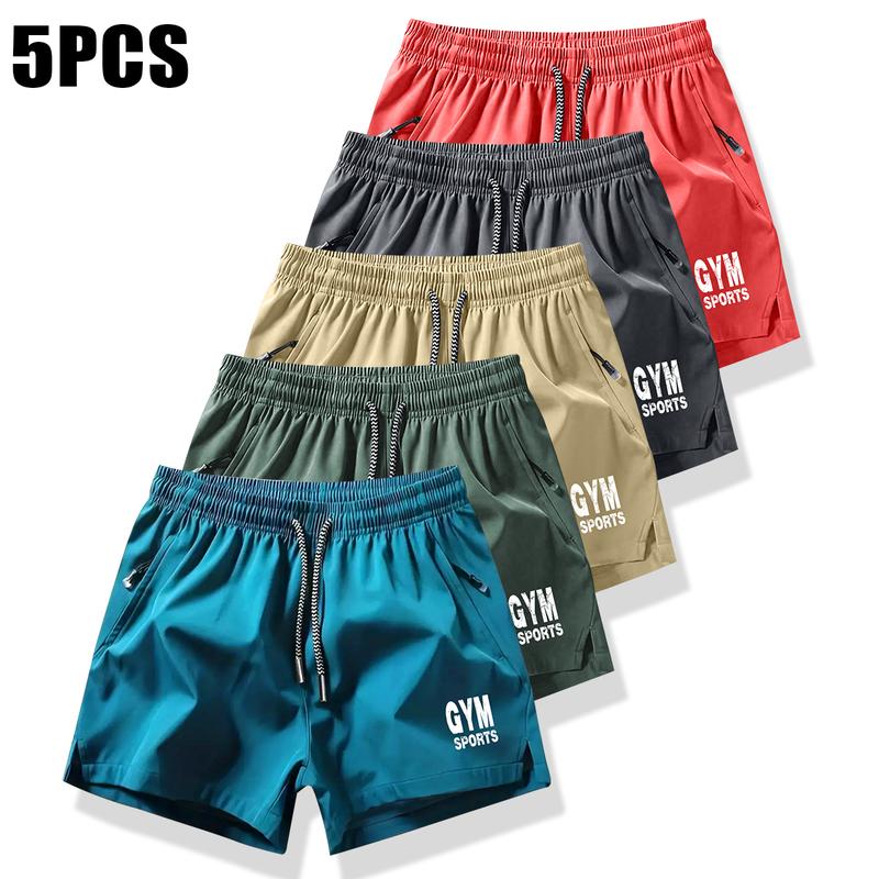Men's Drawstring Pocket Shorts, Men's Clothing, Athletic Casual Stretch Waist Pocket Shorts, Breathable Everyday Wear Workout Pants Set of 5