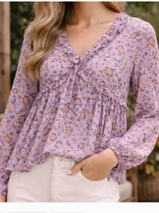 Easel Floral Ruffle Blouse – Lilac Boho Cottagecore Top