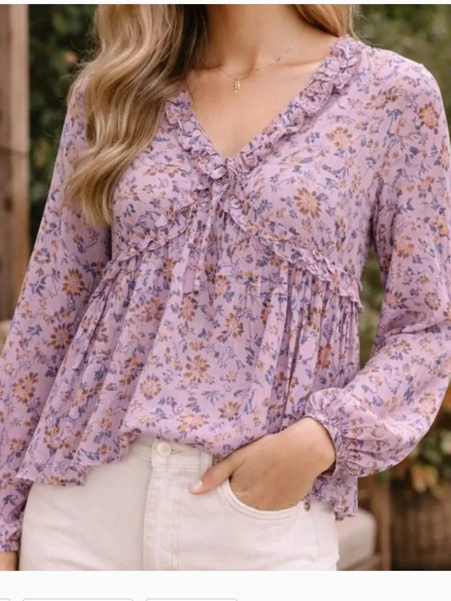 Easel Floral Ruffle Blouse – Lilac Boho Cottagecore Top