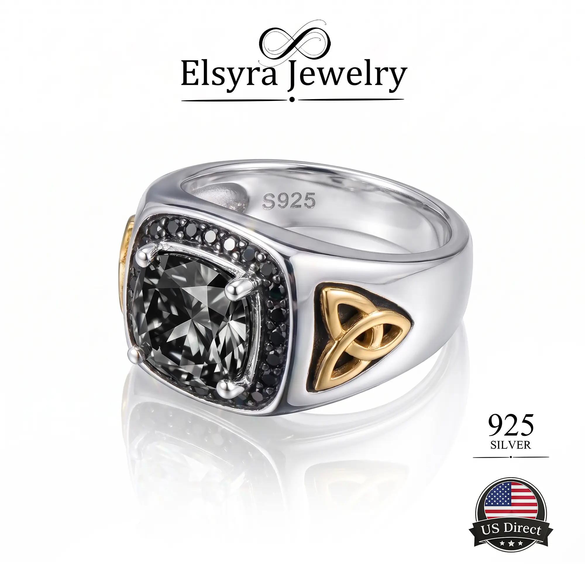 ELSYRA S925 Sterling Silver Celtic Knot Ring, Square-Cut Black CZ, Two-Tone Gold Accent, Unisex Gothic Statement Ring