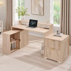 LINGMU Modern L-Shaped Fluted Officer Desk with USB Charging Station Monitor Stand File Drawer Multi-Tier Storage Shelves & Sliding Door Cabinet for Home Office Oak Finish