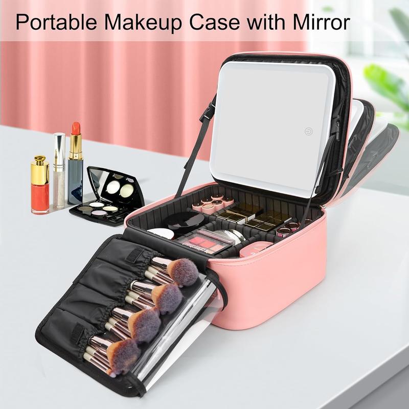 Smart LED Makeup Bag with Mirror - 3 Color Lights Waterproof PU Leather, Detachable Compartments, Travel Compact Case Smart LED Makeup Bag with Mirror - 3 Color Lights Waterproof PU Leather, Detachable Compartments, Travel Compact Case