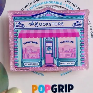 The Bookstore Cute Pink Sparkly Acrylic Resin Handmade Kindle Grip | Bookshop Kindle Grip | Cozy Book Themed Phone Grip | Cute Bookish Grip