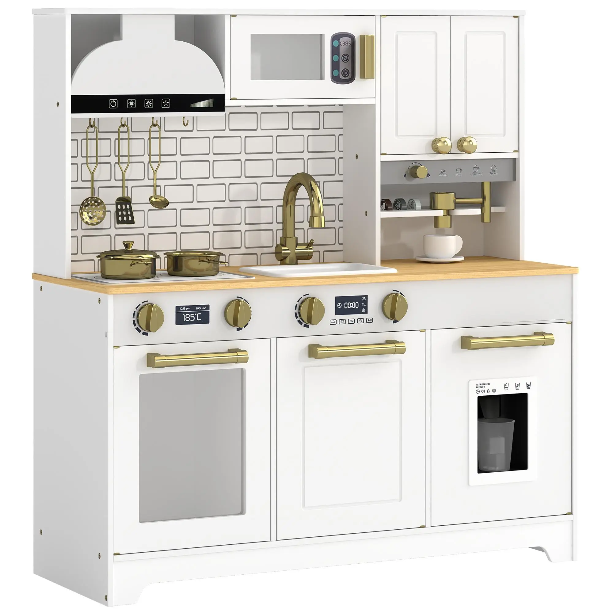 Qaba Play Kitchen, Kids Kitchen Playset with Sink, Stove, Coffee Maker, Ice Maker, Microwave, Oven, Clicking Knobs, Storage, Kitchen Accessories, Pretend Play Gift for Boys Girls 3-8 Years, White