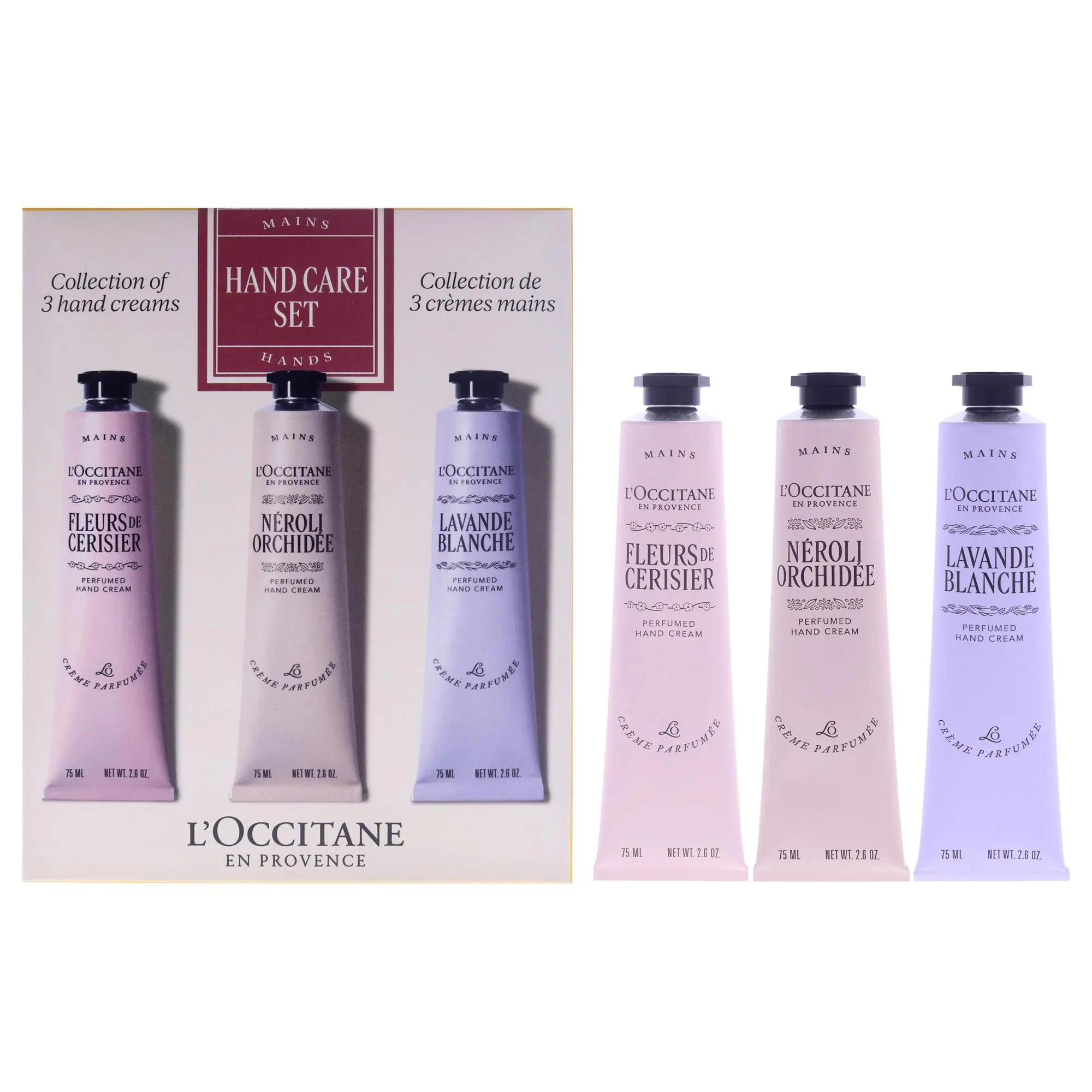 Pink Flawers Trio by LOccitane for Unisex - 3 Pc 2.6oz Cherry Blossom Hand Cream, 2.6oz Neroli and Orchidee Hand Cream, 2.6oz White Lavender Hand Cream