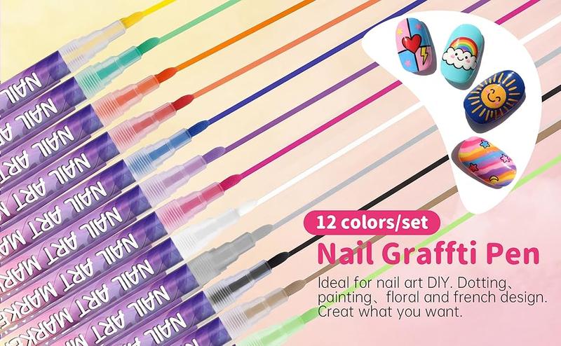 Quick-Dry & Gentle Nail Art Pens - 12 Color Set with 0.7mm Fine Tip, No Shake Formula for Smooth Lines & 3D Art, Smudge-Proof & Easy to Use for Beginners
