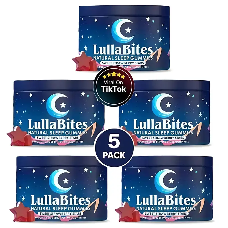 【5 PACK】LullaBites Melatonin-Free Sleep Gummies - Sweet Strawberry Stars Flavor, 30 Servings, Natural Nighttime Wellness Support Supplement
