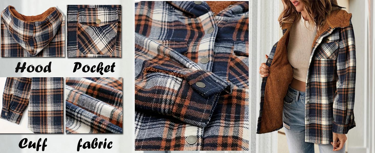 Womens Plaid Shacket Jacket Long Sleeve Button Down Fleece Hooded Jackets Warm Coat Halloween winter jacket