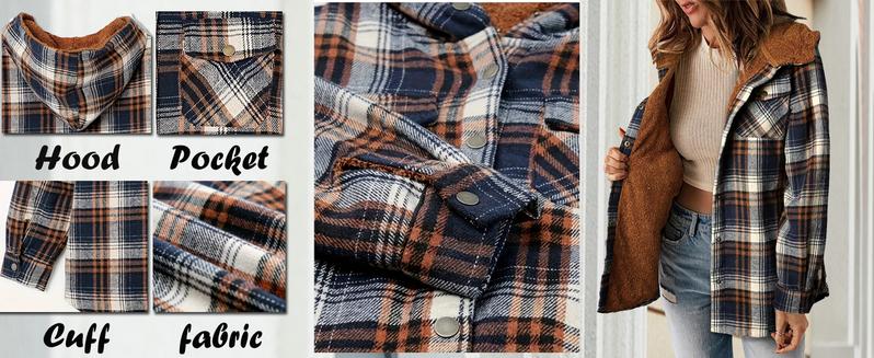Womens Plaid Shacket Jacket Long Sleeve Button Down Fleece Hooded Jackets Warm Coat Halloween winter jacket