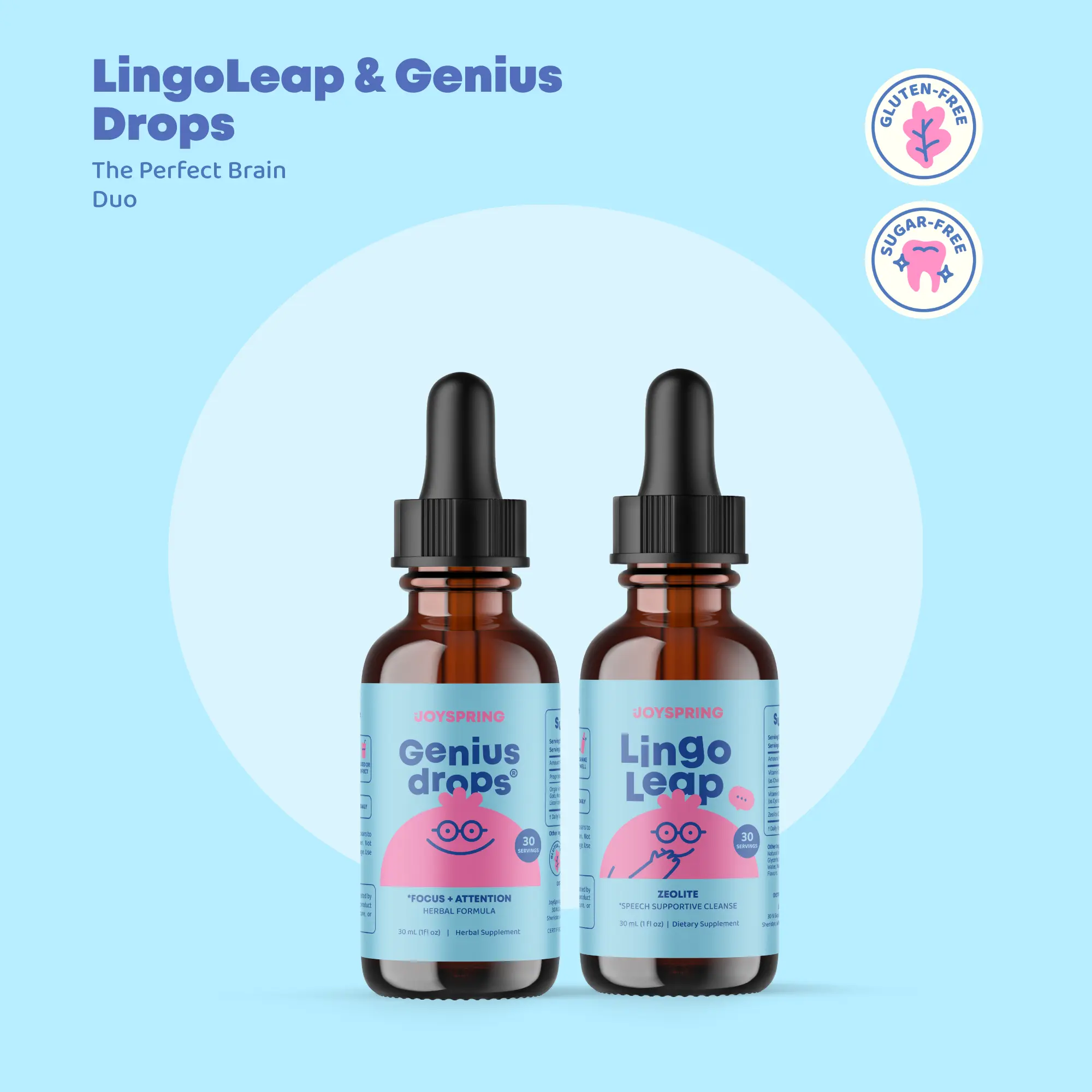 JoySpring LingoLeap & Genius Drops Natural Healthcare Duo for Kids with B Vitamins Zeolite Drops Supports Focus Memory & Learning 1 oz