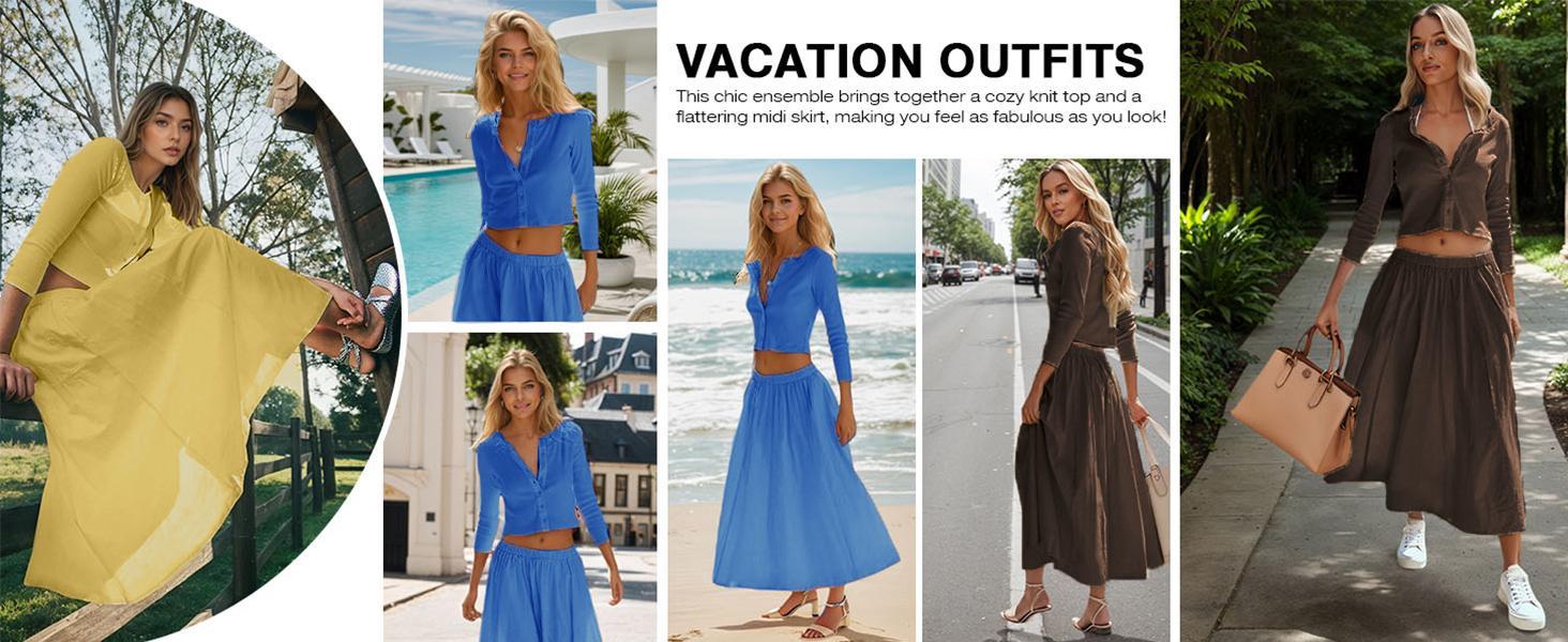 Showyg Women's Casual Ribbed Texture 2 Piece Sets - Round Neck 3/4 Sleeve Button Down Cardigan and Fitted Skirt Outfit, Women's Matching Sets, Clothes