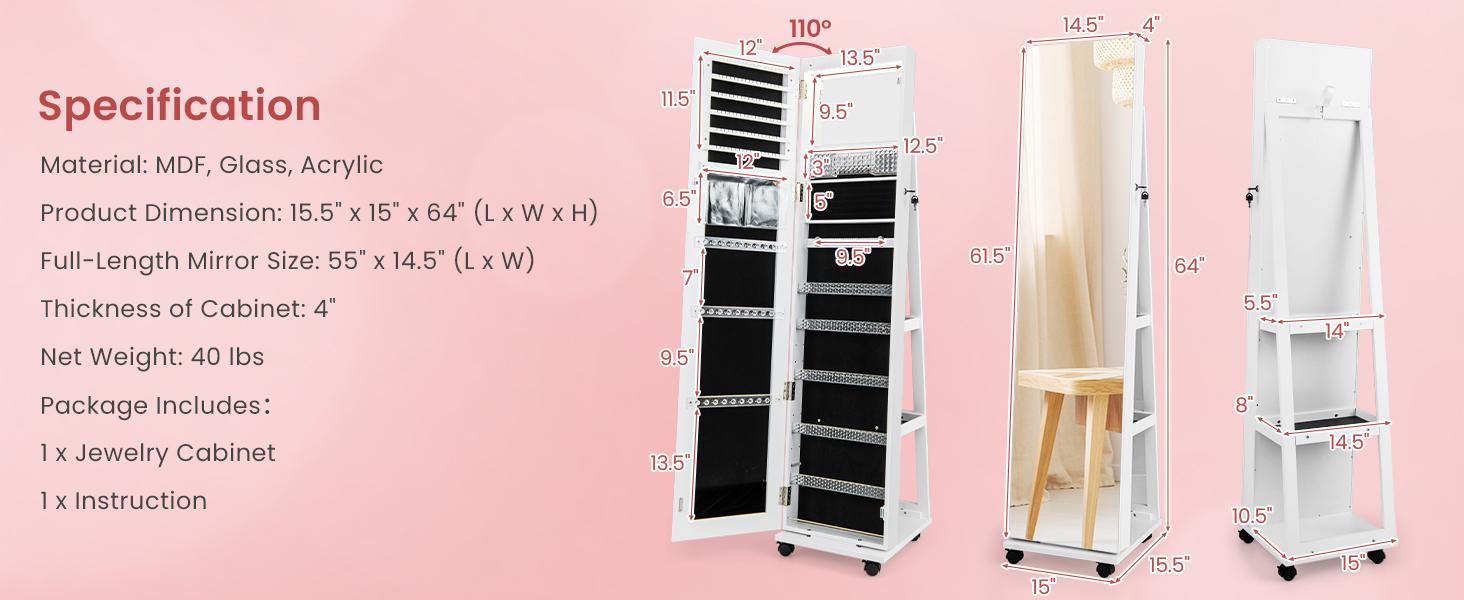 COSTWAY Jewelry Cabinet with Wheels, 64" H Full Length Mirror, 3-Color LED Lights, Height Adjustable Shelves, Lockable Standing Jewelry Organizer Armoire with Back Storage Shelves -costst