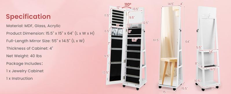 COSTWAY Jewelry Cabinet with Wheels, 64" H Full Length Mirror, 3-Color LED Lights, Height Adjustable Shelves, Lockable Standing Jewelry Organizer Armoire with Back Storage Shelves -costst