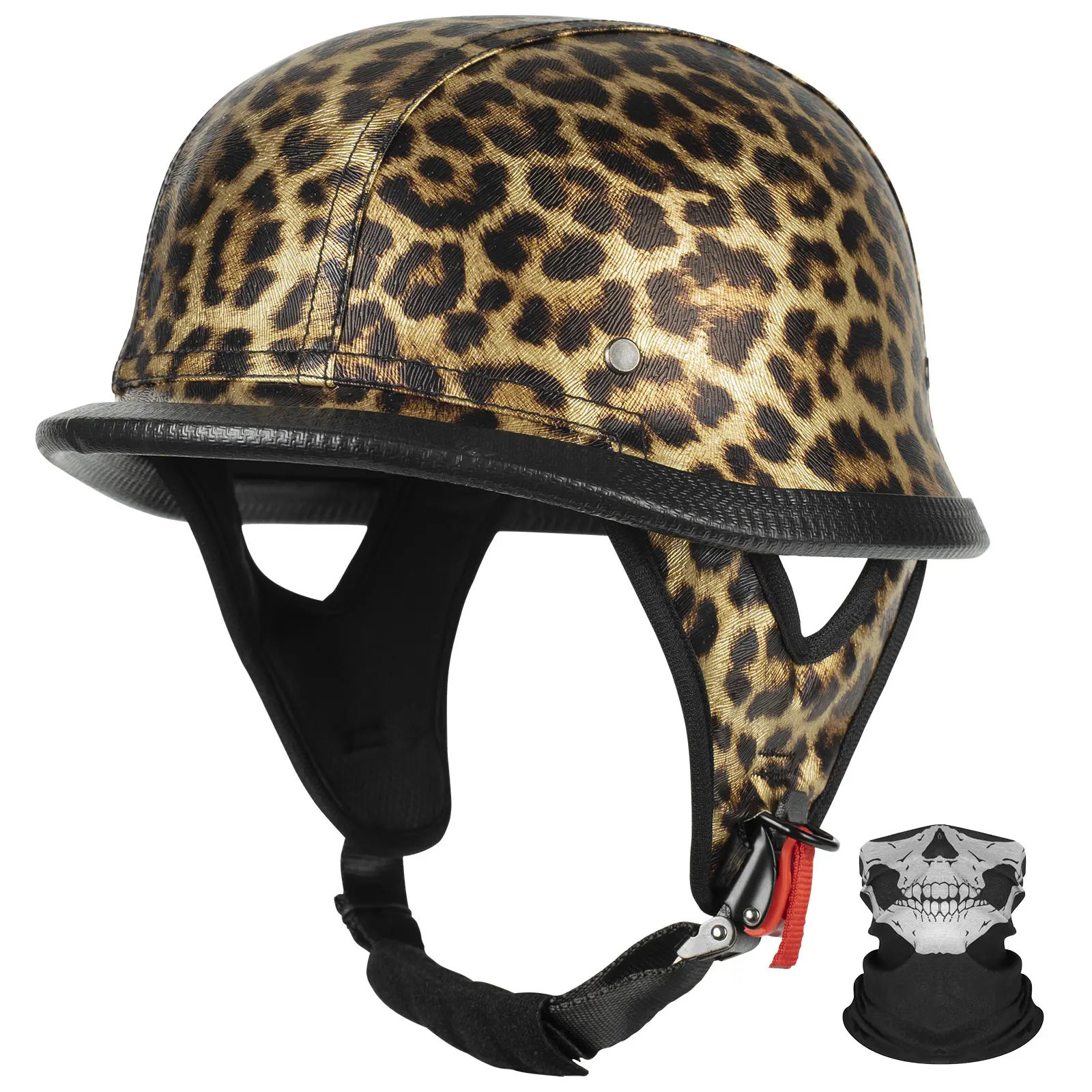 KAESE DOT 218-Approved Leopard Print German-Style Half Shell Helmet - Low-Profile Hard-Shell EPS Foam Helmet with Quick Release, Adjustable Strap for Cruiser/Scooter, Includes Free Neck Gaiter (Bold Vintage Print Design)