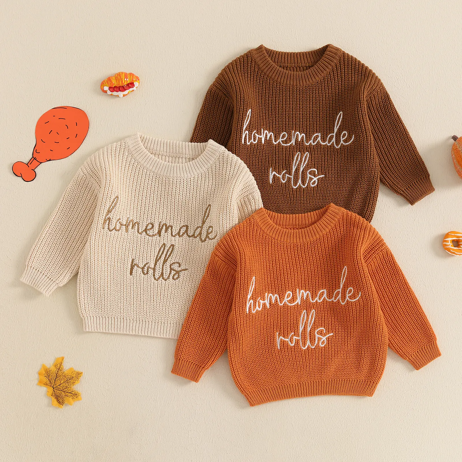 Meihuida Thanksgiving Baby Girl Boy Outfit Toddler Homemade Rolls Letter Embroidery Sweater Knit Sweaters Fall Winter Clothes