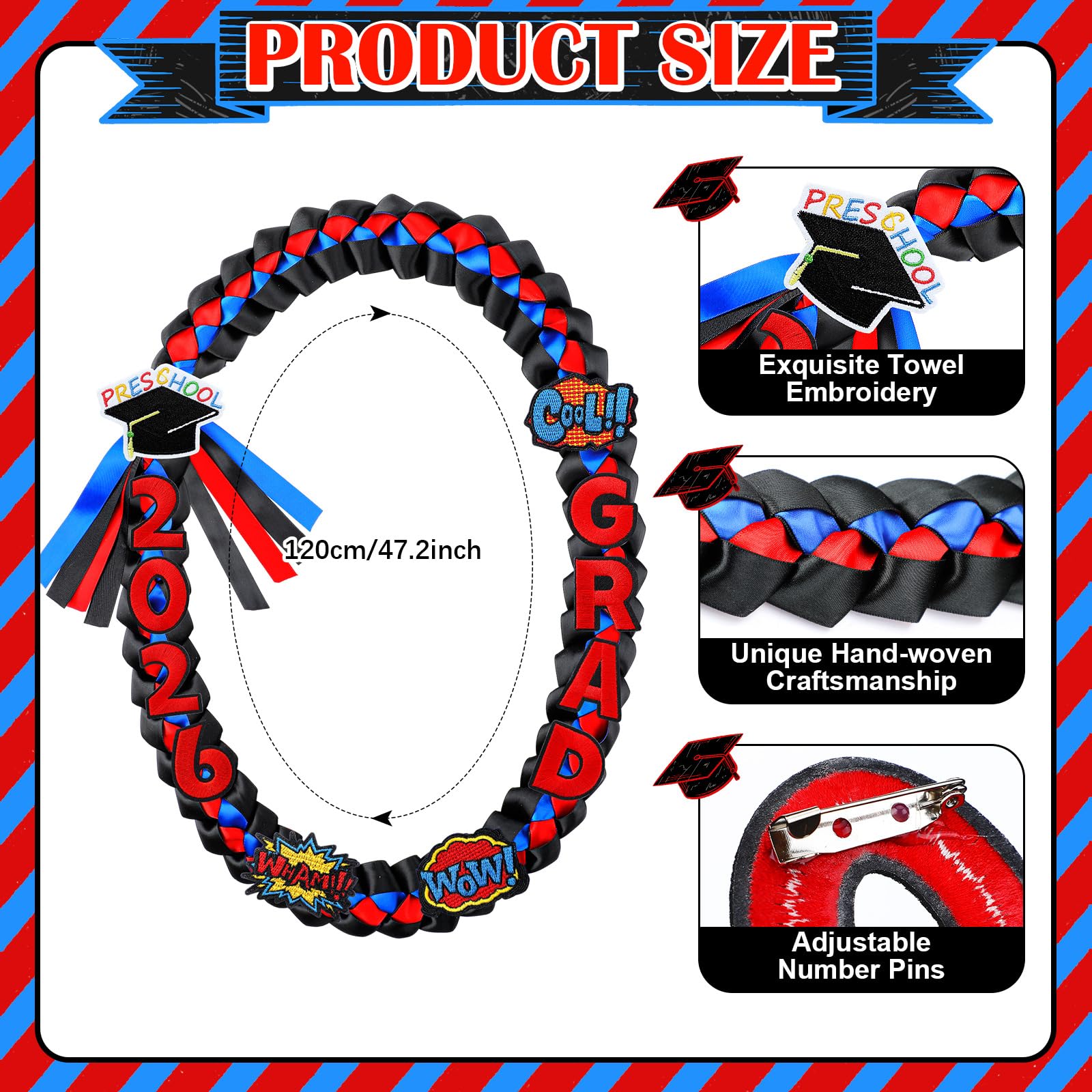 Kids Graduation Leis Class of 2026 Necklace Ribbon Leis 47 inches Double Braided Preschool Graduation for Preschool Kids Students Teachers Boys Girls for Graduation Ceremony Party Celebration Graduation Campus Supplies Pretty Bracelet Costume