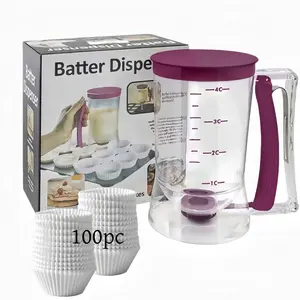 Pancake Cupcake Batter Dispenser,With 100 paper cupcake liners Bakeware Maker with Measuring Label, Perfect Baking Tool for Cupcakes, Waffles, Muffin Mix, Cake or Any Baked Goods