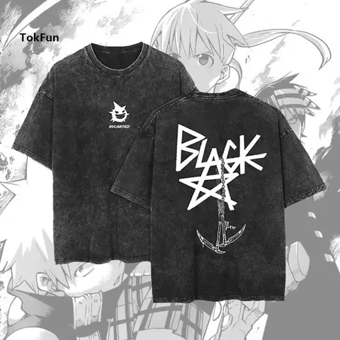 Menswear Chain Scythe Design Crew Neck Oversized T-Shirt - Men's Short Sleeve, Vintage Washed Cotton, Loose-Fit, Edgy Casual Style, Blackstar X Soul Eater Anime Graphic Unisex Streetwear Top