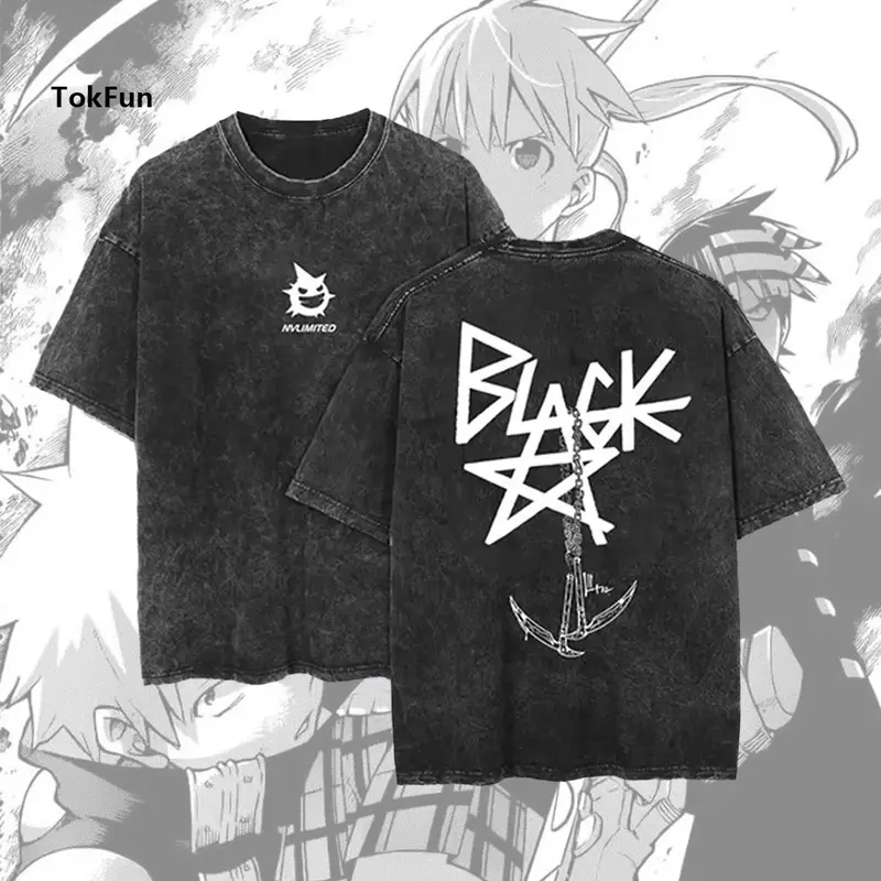Menswear Chain Scythe Design Crew Neck Oversized T-Shirt - Men's Short Sleeve, Vintage Washed Cotton, Loose-Fit, Edgy Casual Style, Blackstar X Soul Eater Anime Graphic Unisex Streetwear Top