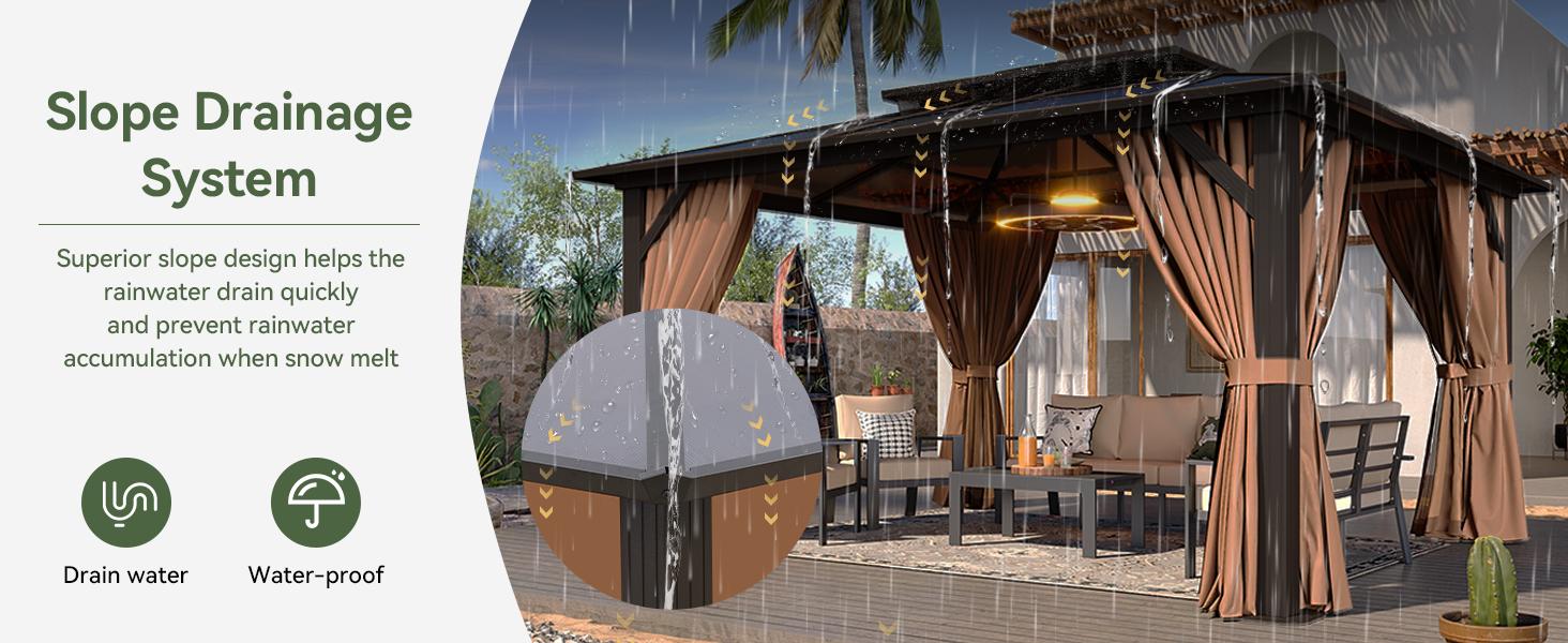 【Ships in 2 Packages】Aoxun 12'x10' Hardtop Gazebo, Aluminum Frame Permanent Pavilion with Curtains and Netting, Outdoor Polycarbonate Double Roof Canopy, Designed for Garden, Lawns, Patio, Brown