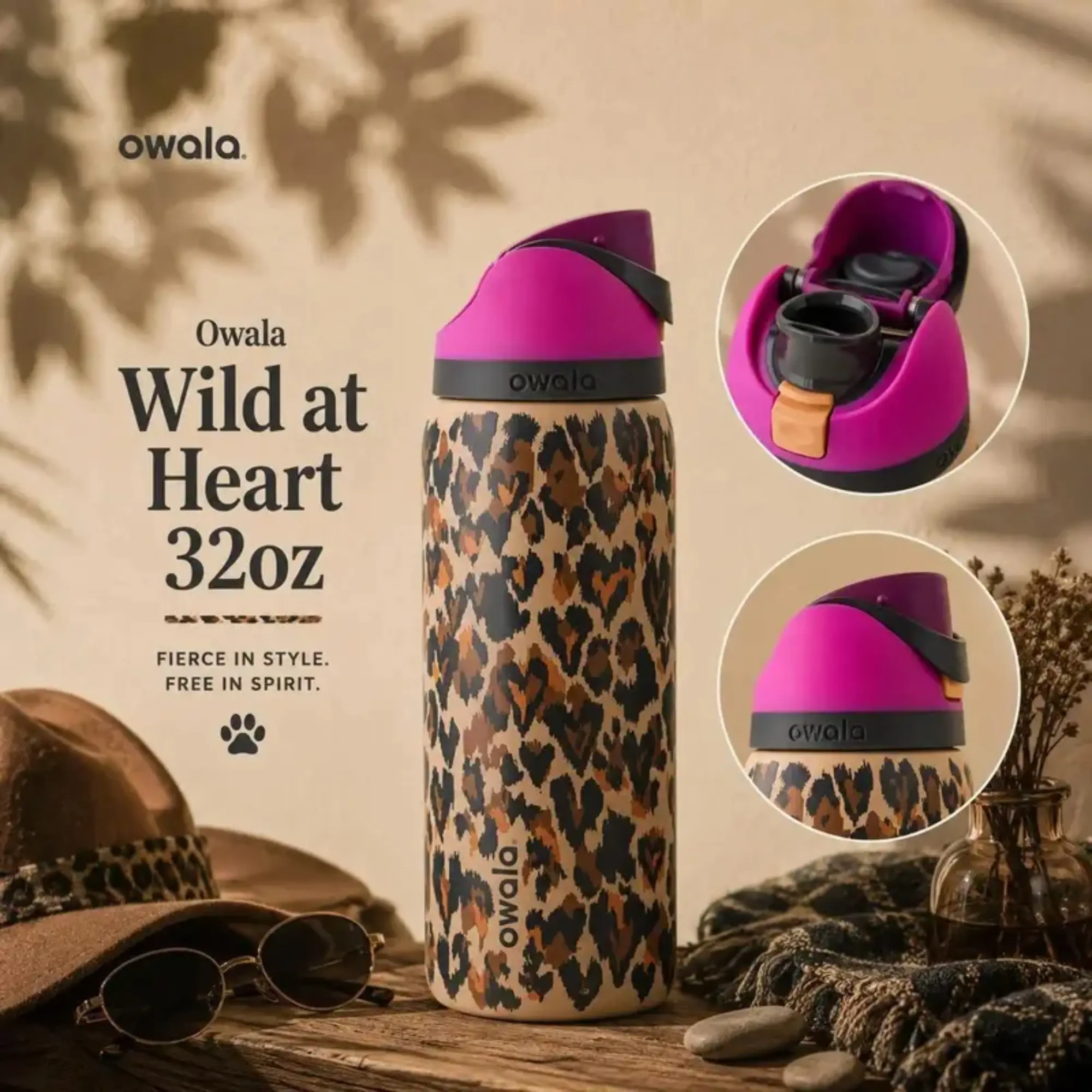 Owala Wild at Heart 32oz FreeSip – Stylish Leopard Print Stainless Steel Water Bottle with Straw Lid