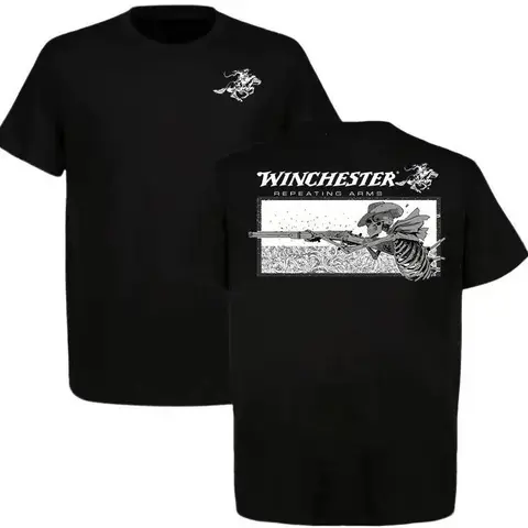 Winchester Repeating Arms Men's Pure Cotton Round Neck Short-Sleeve Casual Graphic T-Shirt - Cowboy Theme Skeleton Print, White Western Hunting Menswear, Ideal Gift for Gun Fans, Cowboy Stuff, Men's Shirts Graphic Tee, Mens Clothing