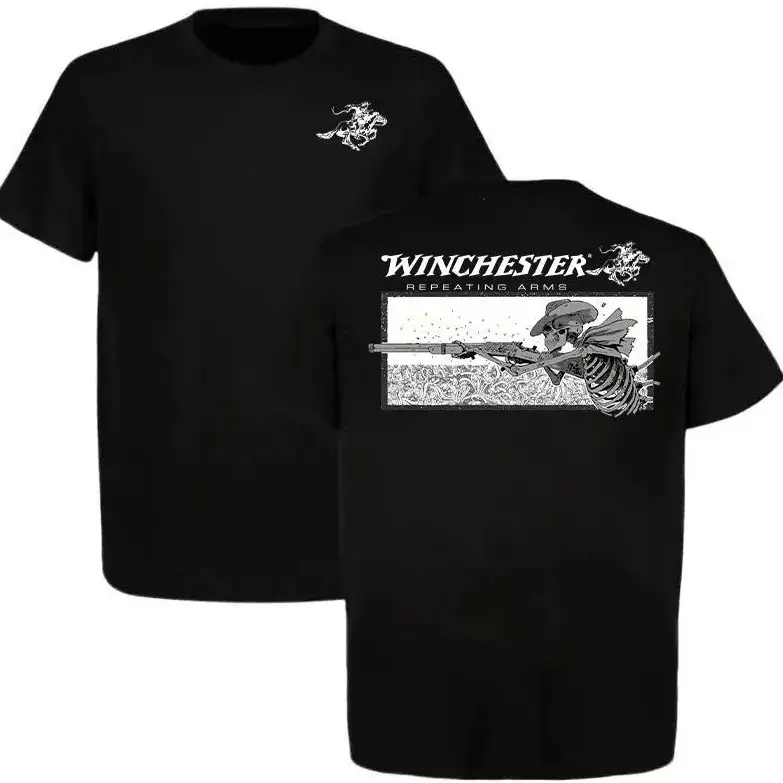 Winchester Repeating Arms Men's Pure Cotton Round Neck Short-Sleeve Casual Graphic T-Shirt - Cowboy Theme Skeleton Print, White Western Hunting Menswear, Ideal Gift for Gun Fans, Cowboy Stuff, Men's Shirts Graphic Tee, Mens Clothing