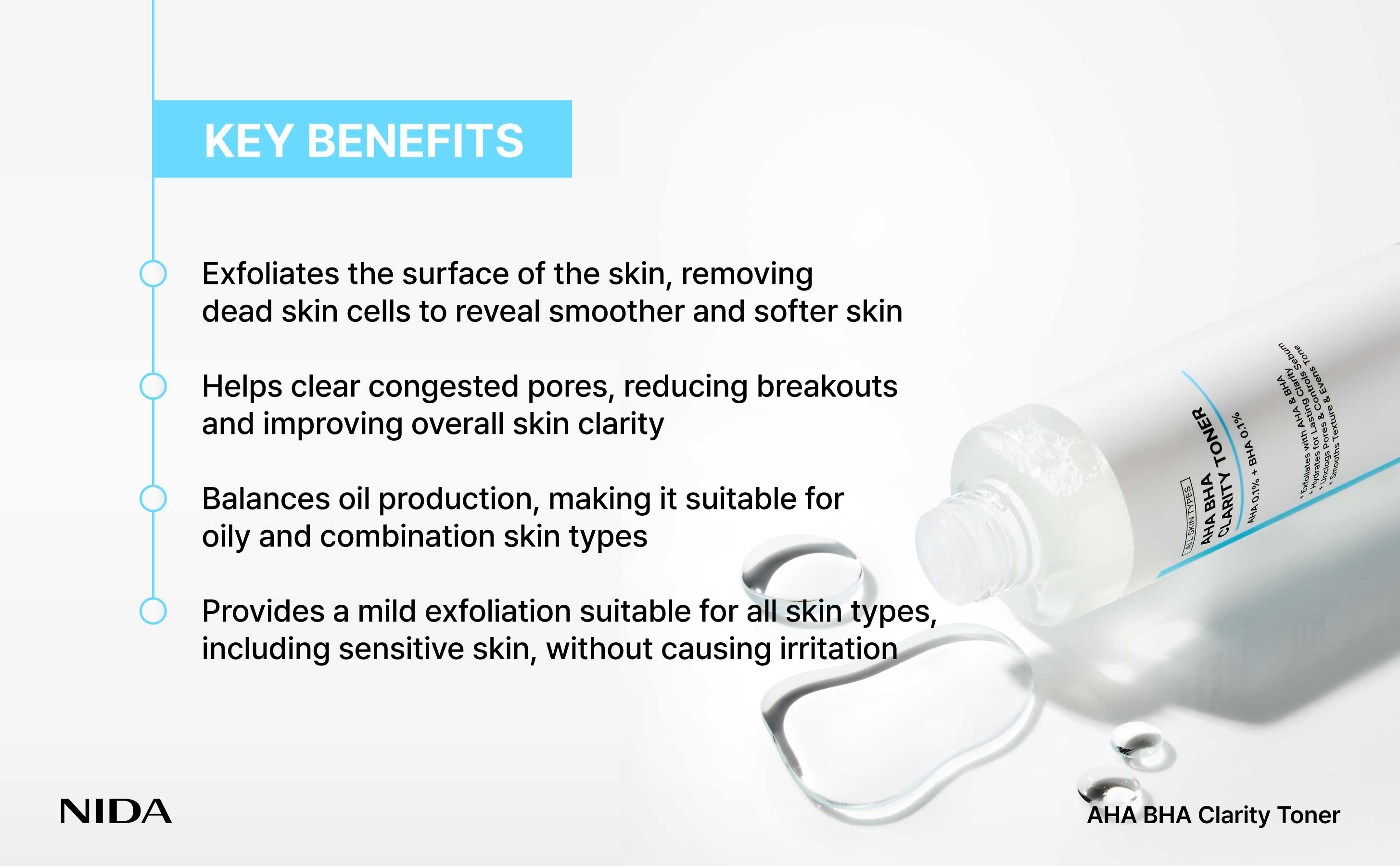 NIDA AHA BHA Clarity Toner Daily Exfoliant Skincare Soothing