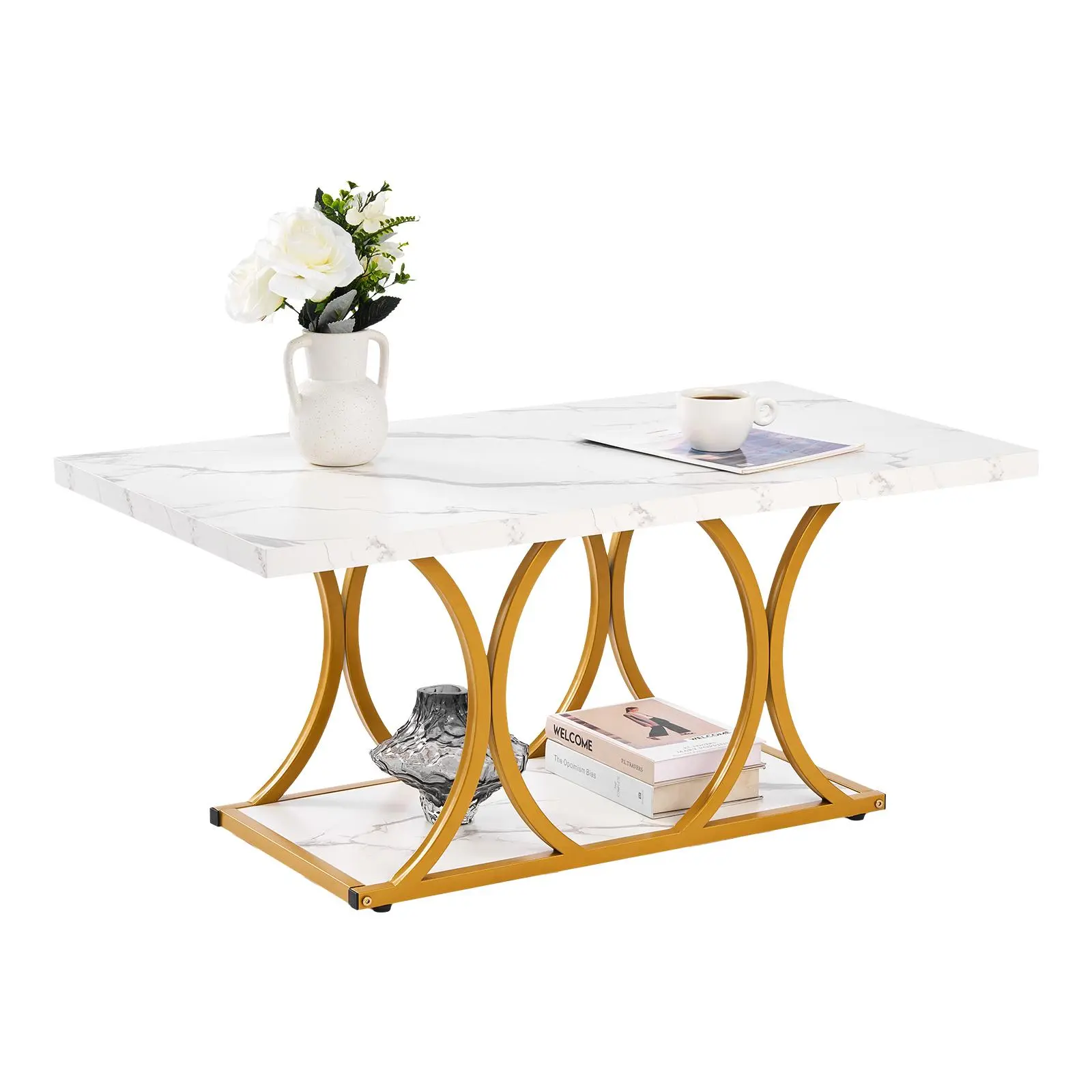 【summerfinds】VEVOR Rectangular Coffee Table - Modern Faux Marble 2-Tier Center Desk with Geometric Legs, Sturdy Metal Frame Modern Accent Table, Easy Assembly for Living Room, Office, White, Modern Accent Tables